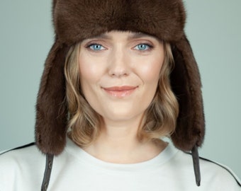 Mink Fur Hat Ushanka in natural brown mink fur