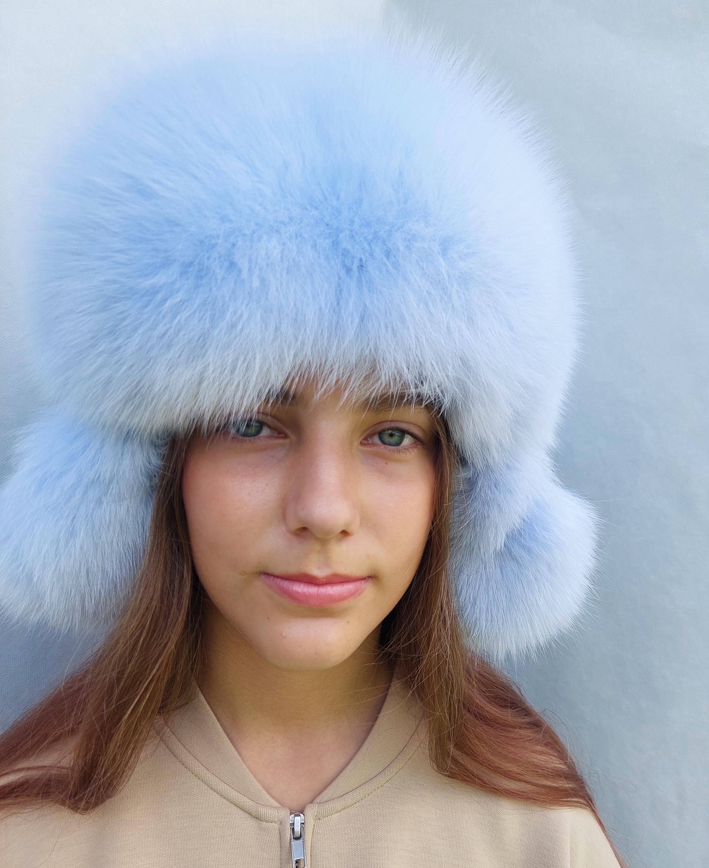 Blue fox and suede Trapper style hat Womens Blue Fox Fur Excursion Trapper Hat with Pom Pom  main image 2
