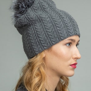 Double Gray Knit Cashmere Beanie Hat with Fox Fur Pom-Pom