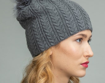 Double Gray Knit Cashmere Beanie Hat with Fox Fur Pom-Pom