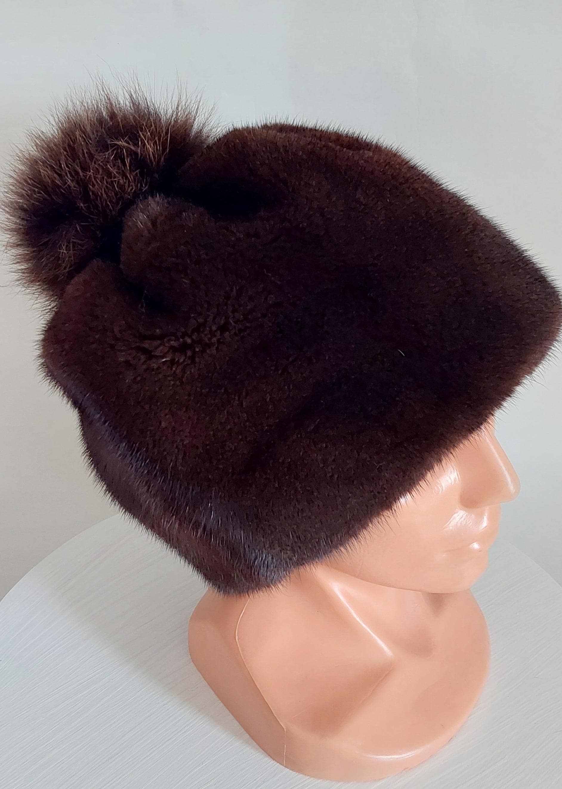 高級フォックスポンポン付きブラウンミンクファーハット - Etsy 日本