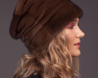 Brown Mink Fur Hat With A Flat Top