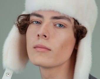 Mink Fur Hat Ushanka in Luxury White Mink Fur