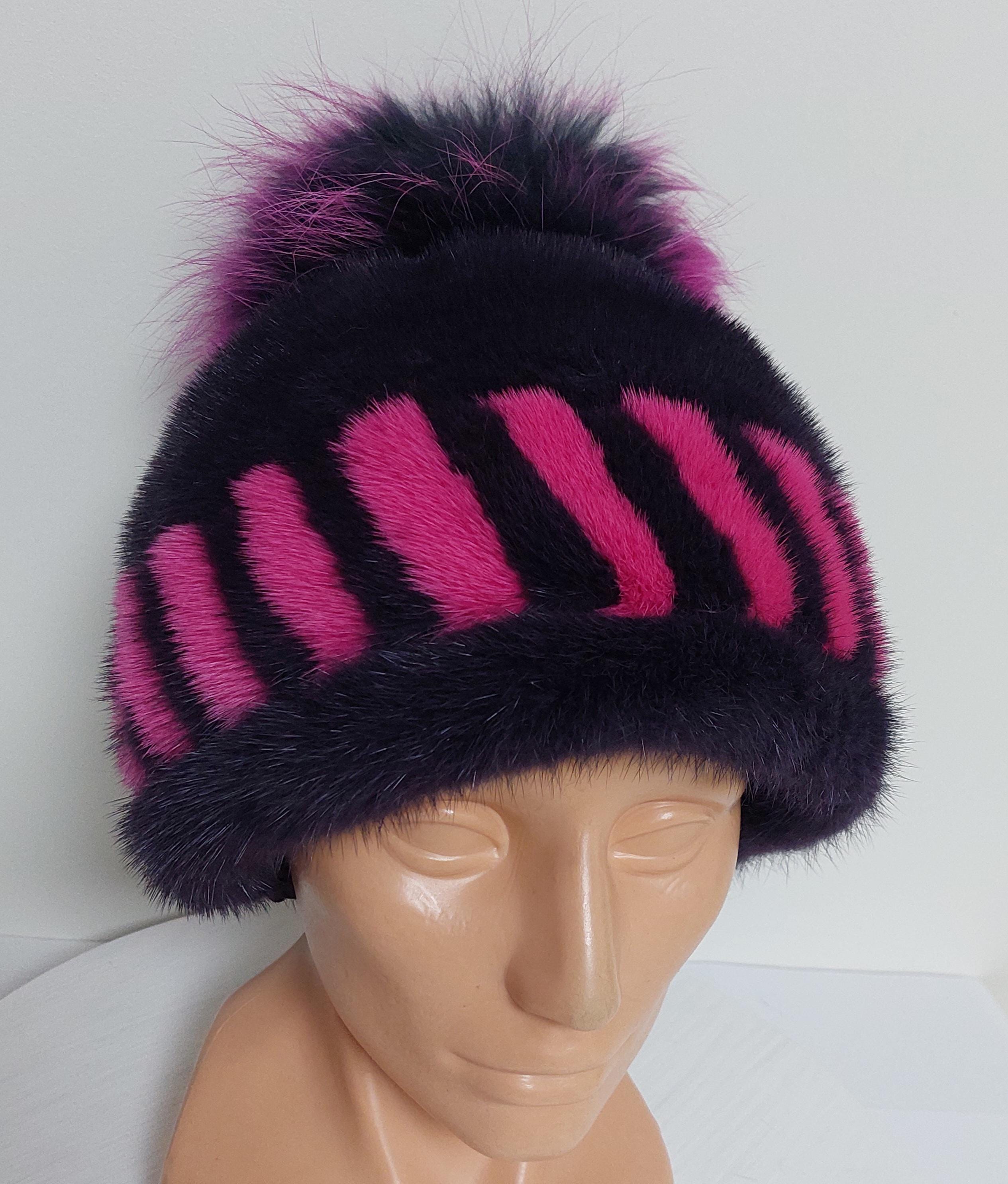 Purple Wool Hat w/ Mink Trim Handmade Felted Wool Hat: Black Purple Slouchy Beanie With  main image 4