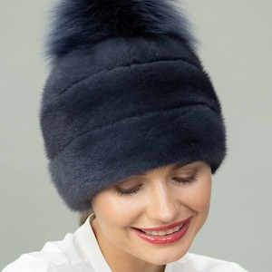 Dark Purple Mink Fur Hat With Big Fox Fur Pom-Pom