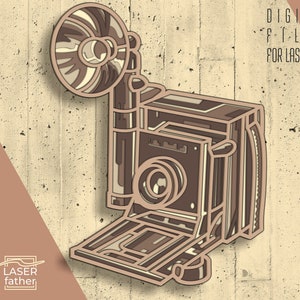 May include: A detailed illustration of a vintage camera with a bellows and a flash attachment. The camera is drawn in shades of brown and beige, with intricate details like the lens, shutter, and winding mechanism. The image is suitable for laser cutting.