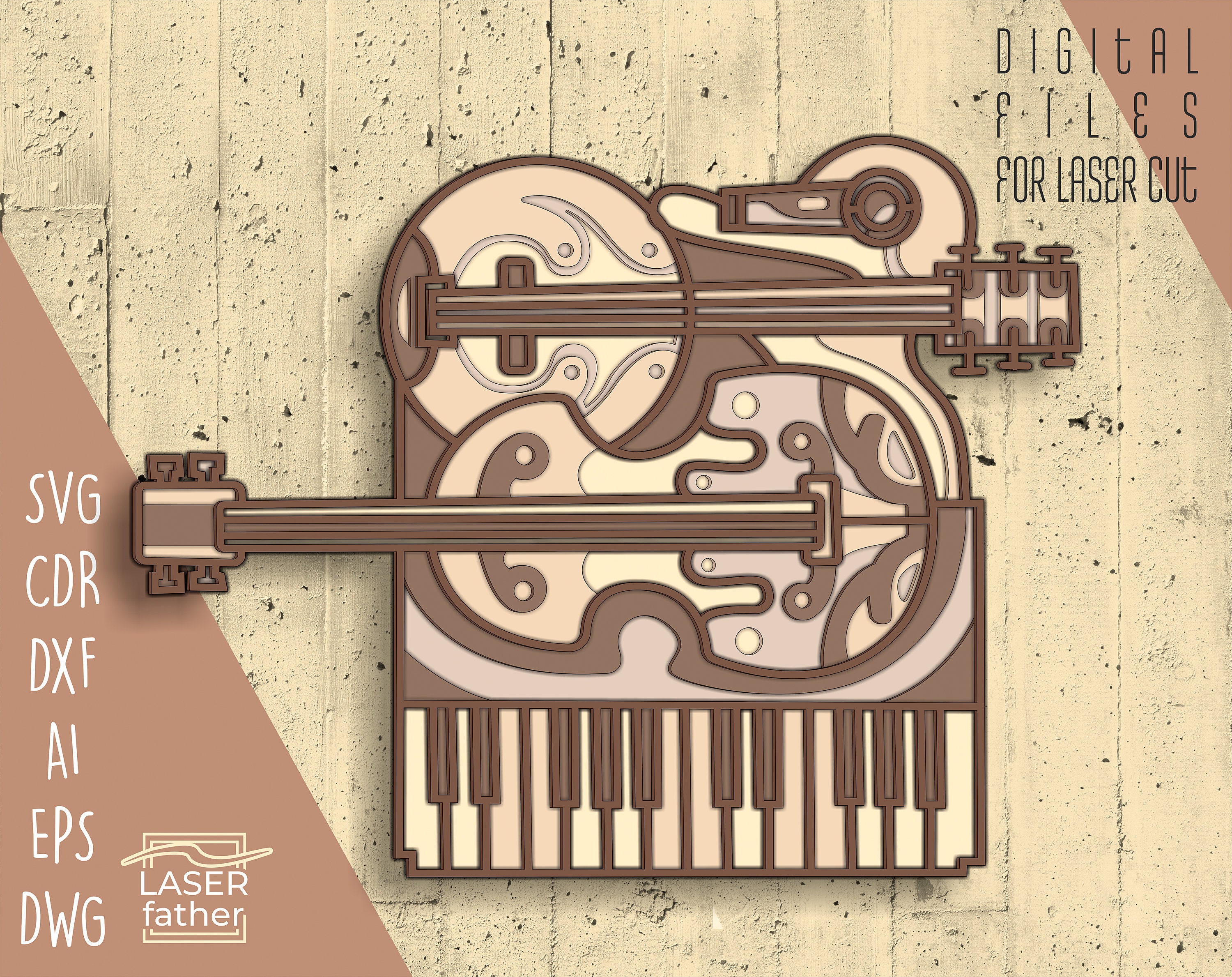 Music Instruments 3D Layered SVG File / 5 Layers Laser Cut File ...