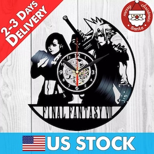 May include: Black vinyl record clock featuring Final Fantasy VII characters. The clock face displays a detailed mechanical design with black hands. The text "FINAL FANTASY VII" is at the bottom. Includes a "US STOCK" banner.