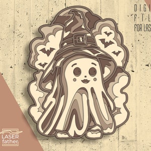 May include: A layered, sepia-toned illustration of a friendly ghost wearing a witch's hat, surrounded by bats and clouds. The design is labeled "DIGITAL FILES FOR LASER CUT" and includes file type abbreviations. The ghost has a smiling face.