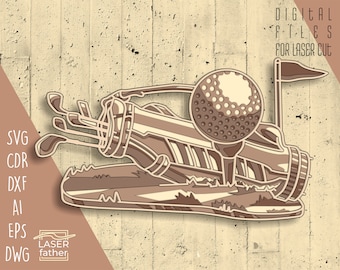 Könnte beinhalten: Eine braune Golftasche mit Golfschlägern und einem Golfball auf einem Abschlag. Die Golftasche liegt auf der Seite, der Golfball schwebt in der Luft. Das Bild ist eine digitale Datei zum Laserschneiden.