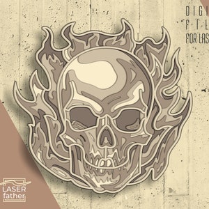 May include: A detailed, layered design of a skull with flames, suitable for laser cutting. The skull is in shades of brown and white, with a detailed design of the skull's features.