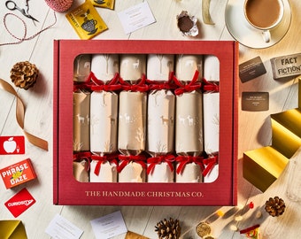Set of Six Handmade Christmas Crackers, Choose your Contents, Family Games, Sweets, Chocolate, Tea & Coffee - Serene Woodland Design