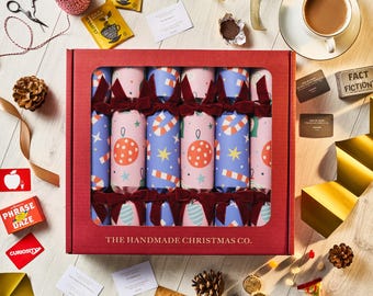 Set of Six Handmade Christmas Crackers, Choose your Contents, Family Games, Sweets, Chocolate, Tea & Coffee - Retro Cheer Design
