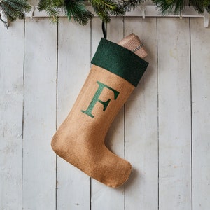 Monogrammed Natural Glitter Christmas Stocking – Green Trim
