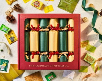 Set of Six Handmade Christmas Crackers, Choose your Contents, Family Games, Sweets, Chocolate, Tea Coffee - Shimmering Green Gold Design
