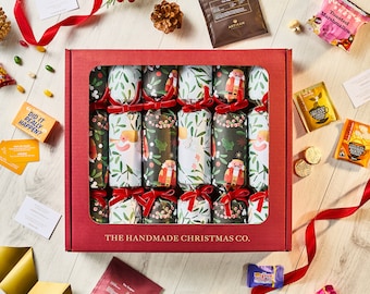 Set of Six Handmade Christmas Crackers, Choose your Contents, Family Games, Sweets, Chocolate, Tea Coffee - Nutcracker Design