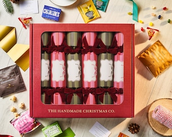 Set of Six Handmade Christmas Crackers, Choose your Contents, Family Games, Sweets, Chocolate, Tea & Coffee - Merry and Bright Design