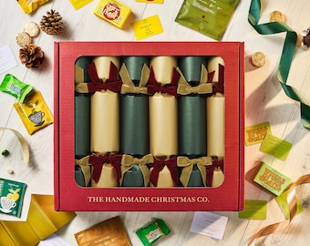 Set of Six Handmade Christmas Crackers, Choose your Contents, Family Games, Sweets, Chocolate, Tea Coffee - Shimmering Green Gold Design