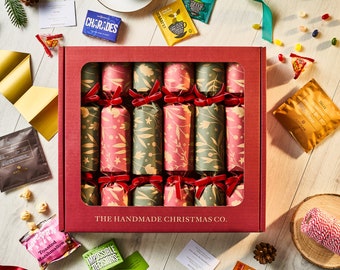 Set of Six Handmade Christmas Crackers, Choose your Contents, Family Games, Sweets, Chocolate, Tea Coffee - Green Red Heritage Design