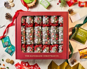 Set of Six Handmade Christmas Crackers, Choose your Contents, Family Games, Sweets, Chocolate, Tea & Coffee - Floral Pattern Design