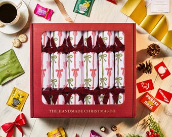 Set of Six Handmade Christmas Crackers, Choose your Contents, Family Games, Sweets, Chocolate, Tea & Coffee - Bow and Behold Design