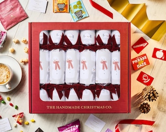 Set of Six Handmade Christmas Crackers, Choose your Contents, Family Games, Sweets, Chocolate, Tea Coffee - Frosty Friends Design
