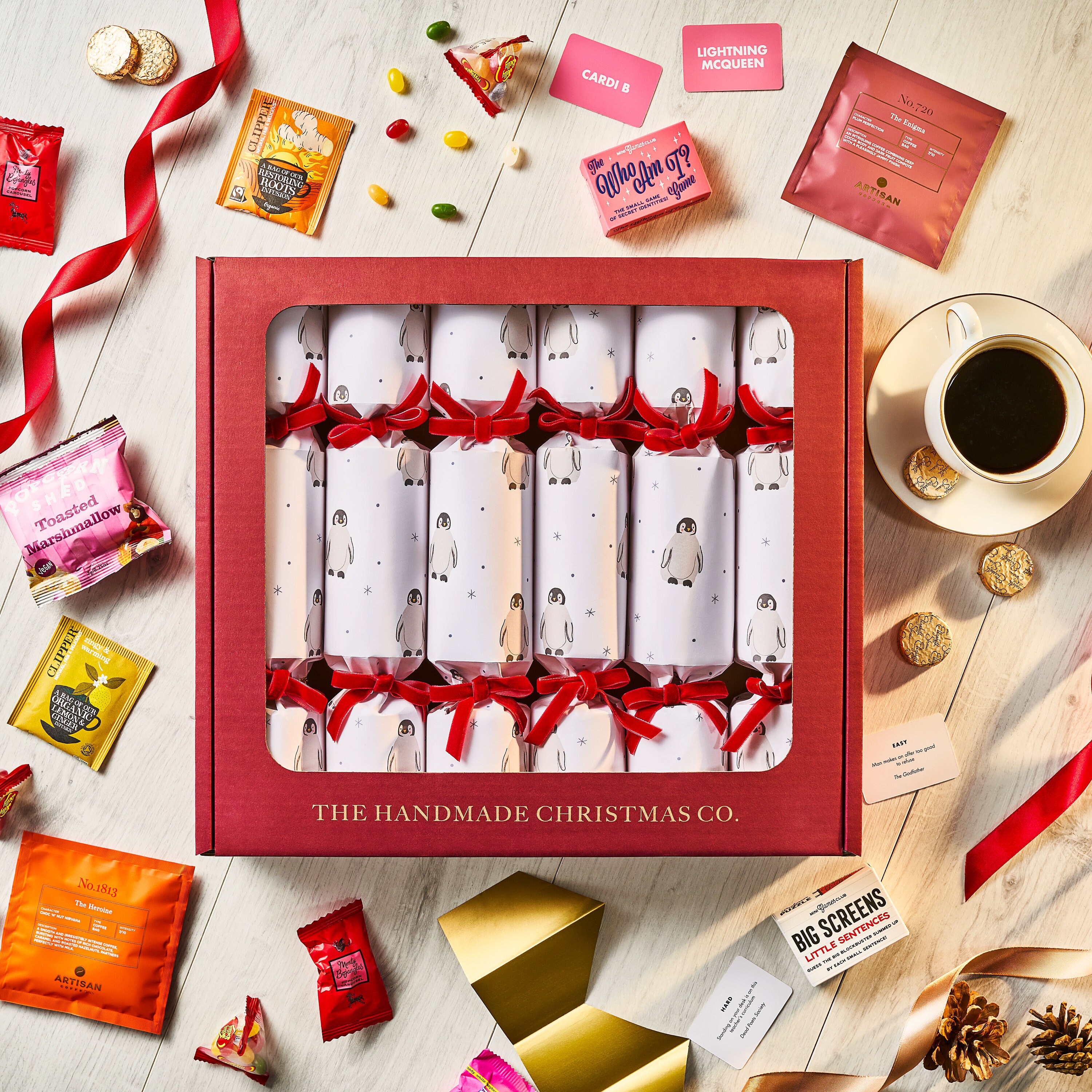 Set of Six Handmade Christmas Crackers, Choose your Contents, Family Games, Sweets, Chocolate, Tea & Coffee - Penguin Design