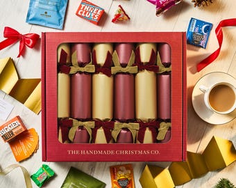 Set of Six Handmade Christmas Crackers, Choose your Contents, Family Games, Sweets, Chocolate, Tea Coffee - Shimmering Red Gold Design