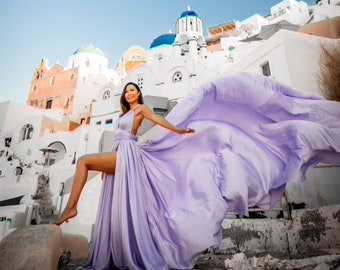lavender Long trail Flying Dress | Flying tail Dress for Photoshoot| Long Train Dress | Photoshoot Flowy satin Dress |Santorini Flying Dress