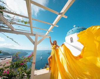 Yellow Long trail Flying Dress | Flying tail Dress for maternity Photoshoot| Long Train Photoshoot Flowy satin Dress |Santorini Flying Dress