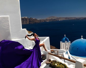 purple Long trail Flying Dress | Flying tail Dress for Photoshoot| Long Train Dress | Photoshoot Flowy satin Dress |Santorini Flying Dress