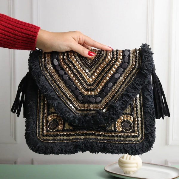 sac à bandoulière de style boho en jute noir | Sac de perles Banjara | Sac à bandoulière beige Pochette perlée | Sac à bandoulière Boho | Sac de festival à bandoulière