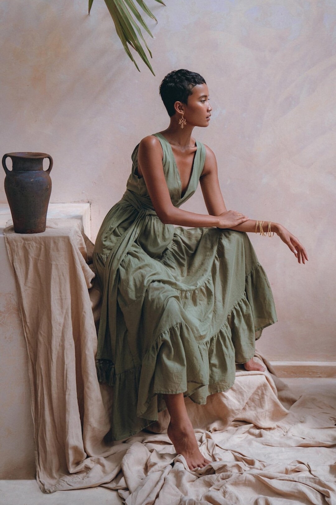 Sage Green Goddess Dress Boho Dance Belted Dress Prom Bohemian Light ...