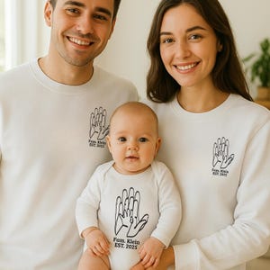 Minimalist Family Sweatshirt, Three Hands Line Art Design, Personalized Birth Gift, Mama Papa Baby Matching Outfit, New Parents Pullover