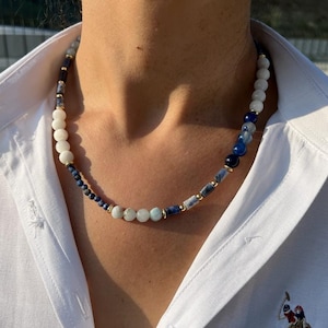 Lapis Lazuli Agate Selenit Aquamarin Woman Necklace, Gemstone Necklace, Beaded Necklace, Birhtday Gift, Anniversary Gift, Wife Pendant,