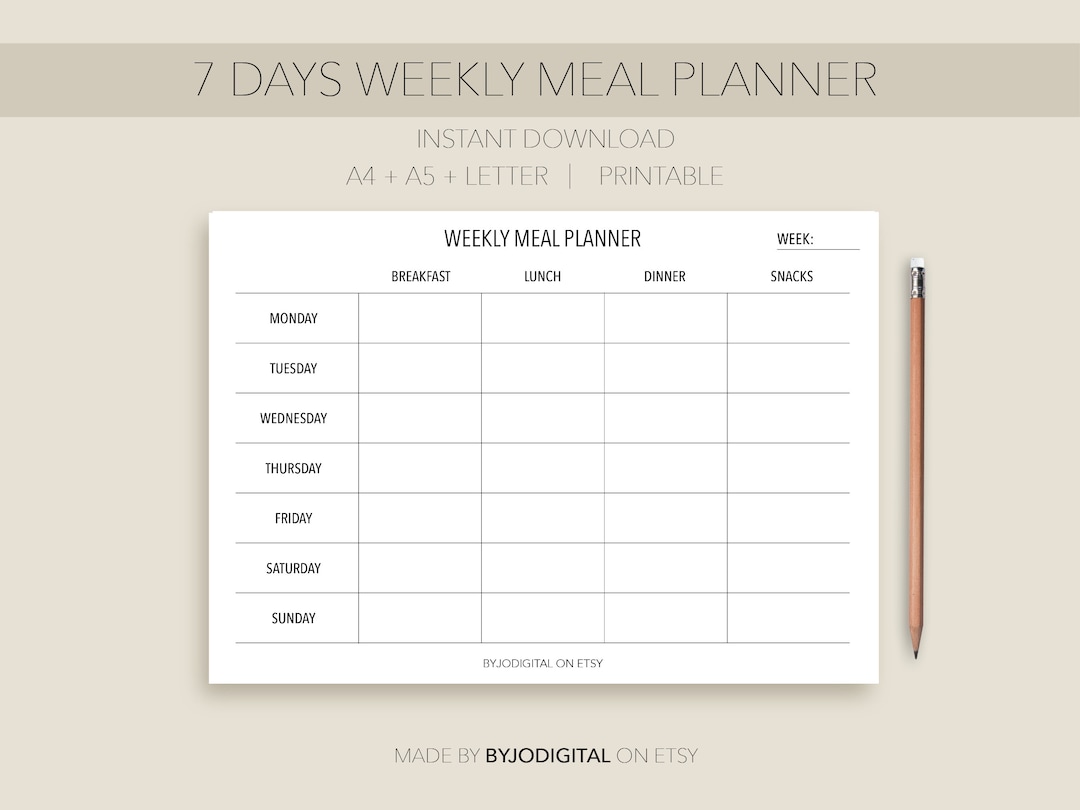 Blank Minimalistic 7 Days Weekly Meal Planner I Instant Download PDF Etsy