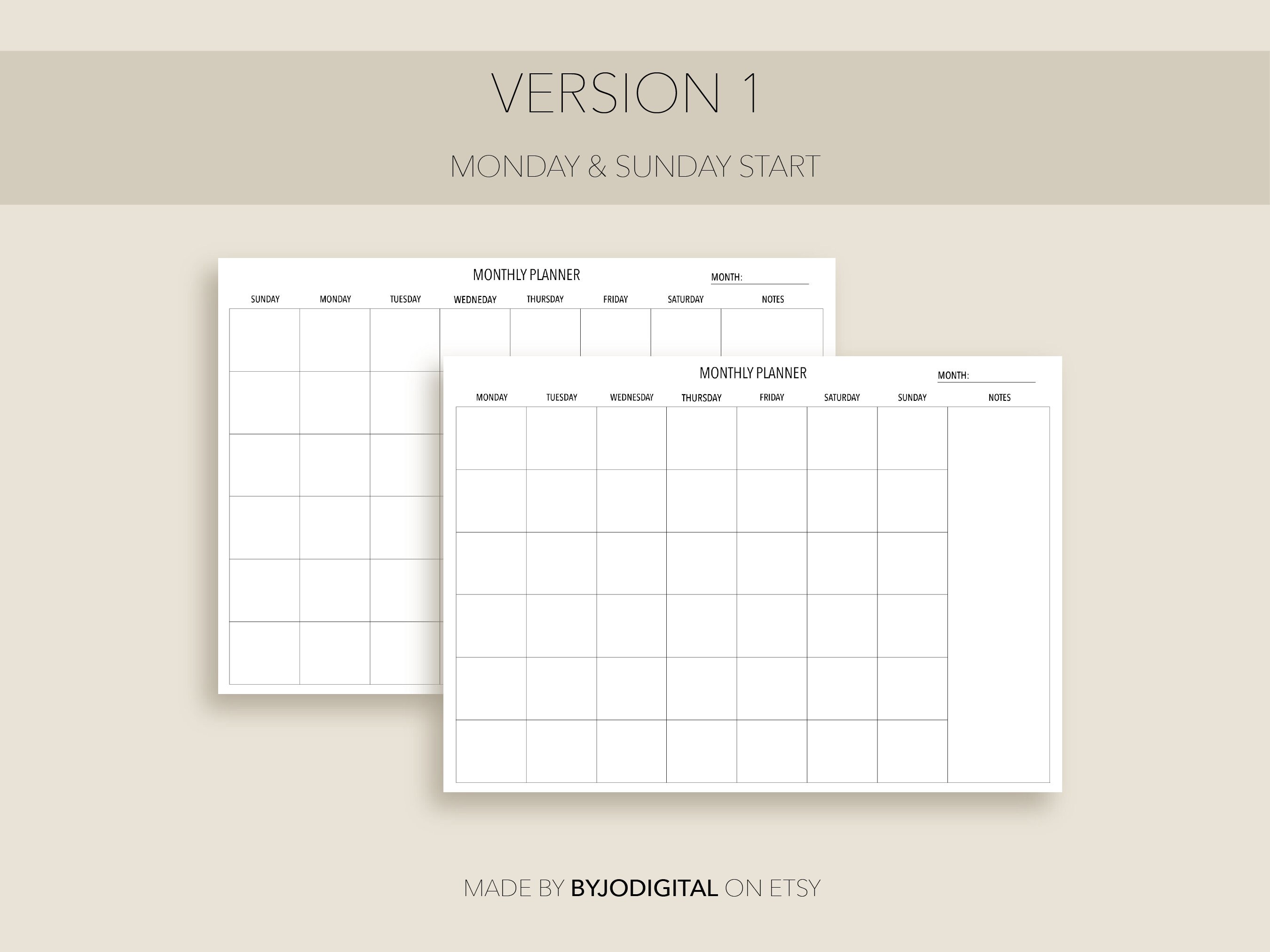 Blank Minimalistic Undated Monthly Planer With Notes I Monday & Sunday ...