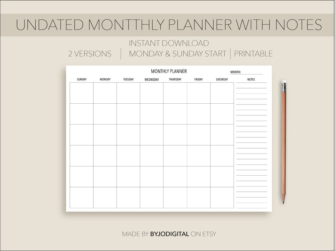 Blank Minimalistic Undated Monthly Planer With Notes I Monday & Sunday ...