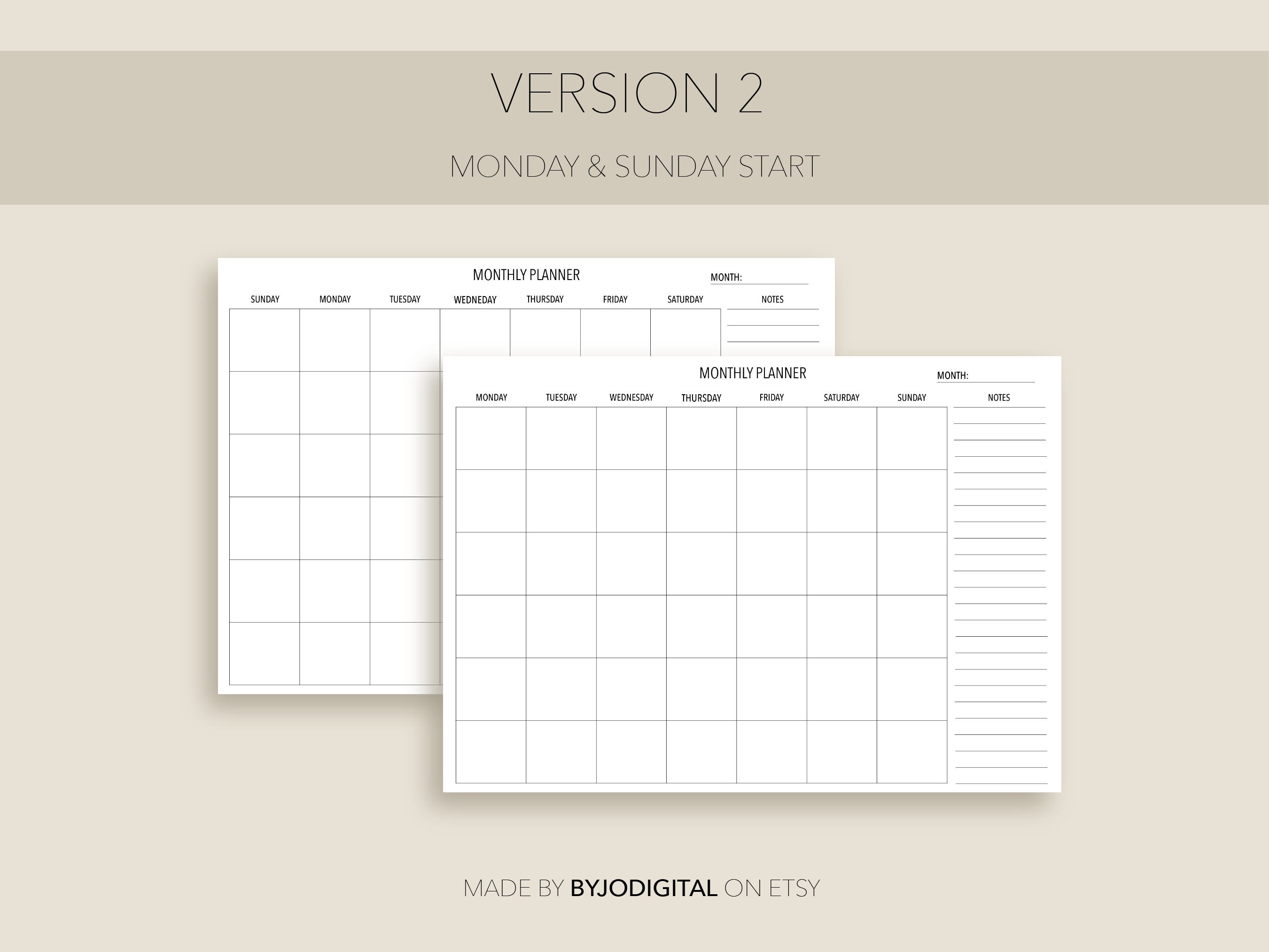 Blank Minimalistic Undated Monthly Planer With Notes I Monday & Sunday ...