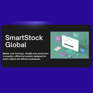 Op de afbeelding: Afbeelding met de tekst "SmartStock Global" en een productbeschrijving. De afbeelding bevat een computerscherm met een gebruikersinterface, samen met andere digitale elementen in een teal kleurenschema.