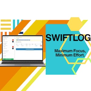 Op de afbeelding: Een laptop met een software-interface met gegevensinvoervelden en een knop 'PDF-rapport genereren'. De achtergrond heeft geometrische vormen en de tekst 'SWIFTLOG: Maximum Focus, Minimum Effort.'