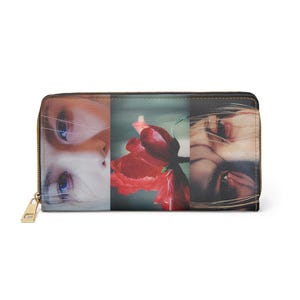 Könnte beinhalten: Eine Geldbörse mit Reißverschluss und Collage-Design. Die Bilder zeigen die Augen einer Person, eine rote Rose und ein Gesicht. Die Geldbörse hat einen goldenen Reißverschluss und einen Zipper.