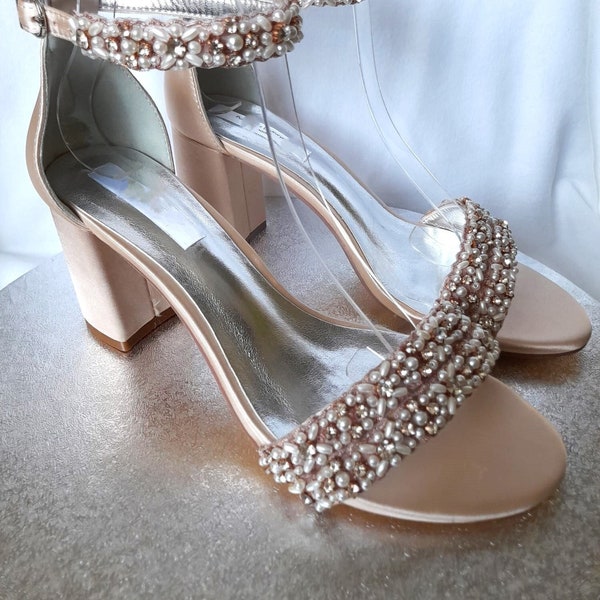 Elegant Beige Champagne Pearl Rose Gold Embellished Bridal Wedding Shoes for the Glamorous Bride or Bridesmaid