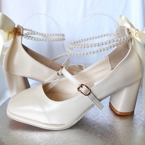 Pearl Embellished Beige Wedding Shoes with Satin Bow and Chunky Block Heel