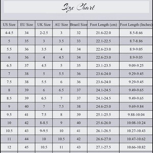 May include: Size chart for shoes, showing US, EU, UK, AU, Brazil sizes, and corresponding foot length in centimeters and inches.