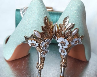 Sage Green Sparkling Glitter Shoes with Pearl Embellishment - Perfect for Brides or Bridesmaids