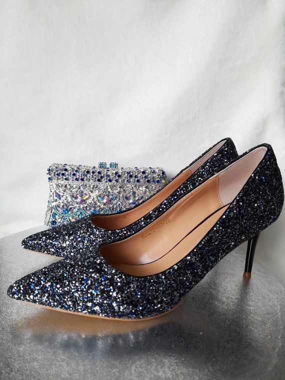 Black glitter kitten heel shoes sale