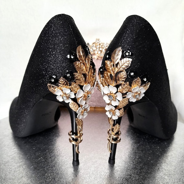 Black Glitter Gothic Wedding Shoes With Carved Heel for Bride Or Bridesmaid