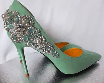 Sage Green Suede Wedding Heels: Crystal Pearl Evening Pumps
