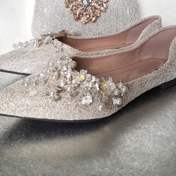 Sparkling Gold Glitter Bridal Flats with Floral Lace - Wedding Party Perfect